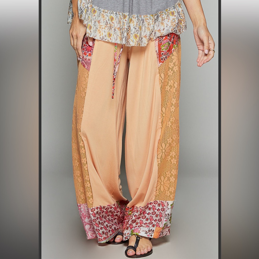 POL Patchwork Wide-Leg Pants - Peach and Red